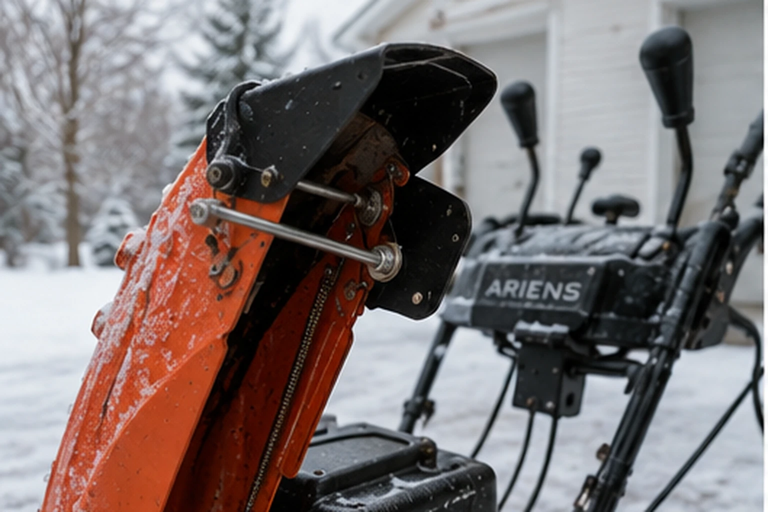 Close view of an orange snow blower discharge chute and deflector hardware during a cold-weather engine-off inspection.