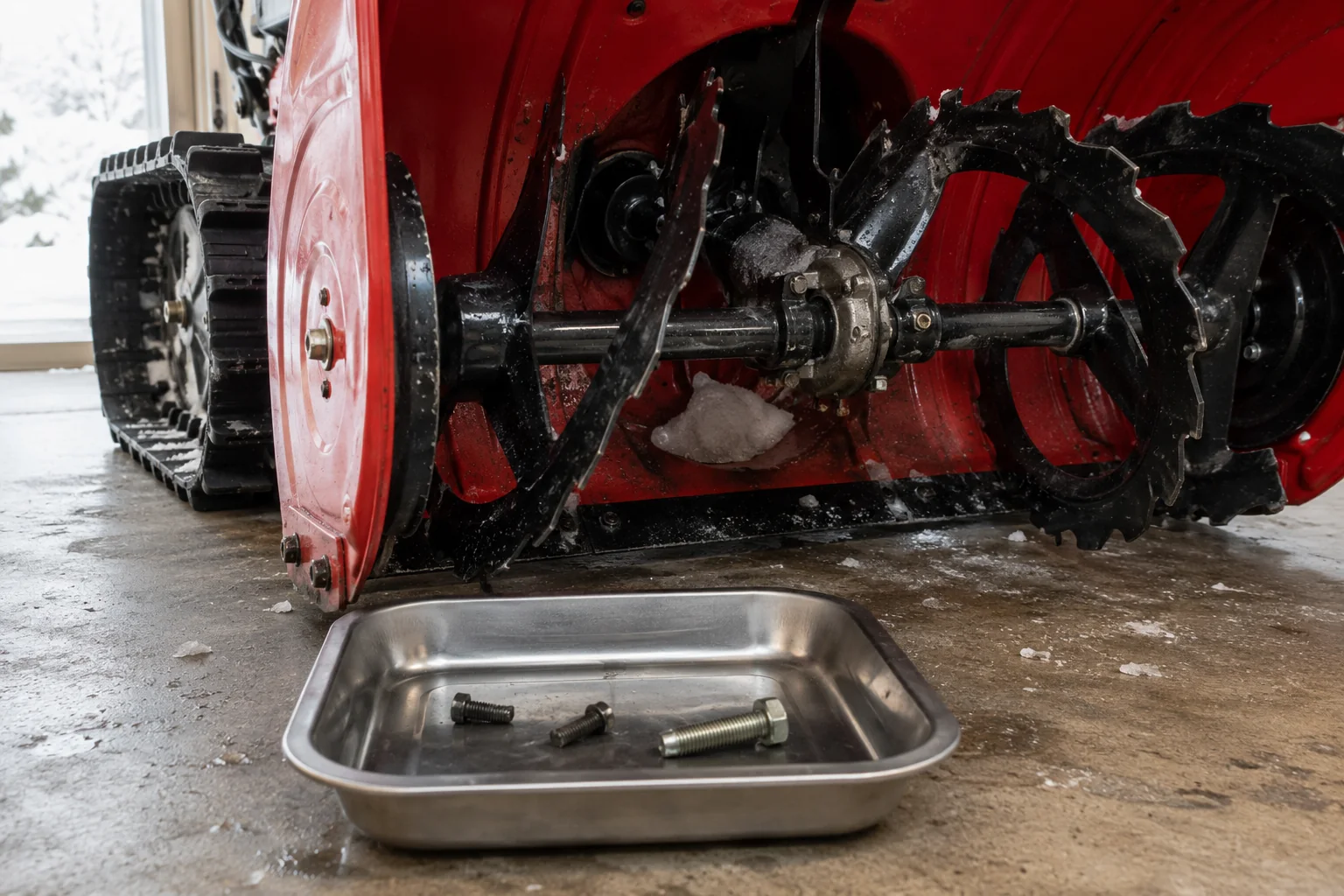 Close-up of a tracked snow blower auger and a parts tray containing broken shear bolts and one replacement bolt.