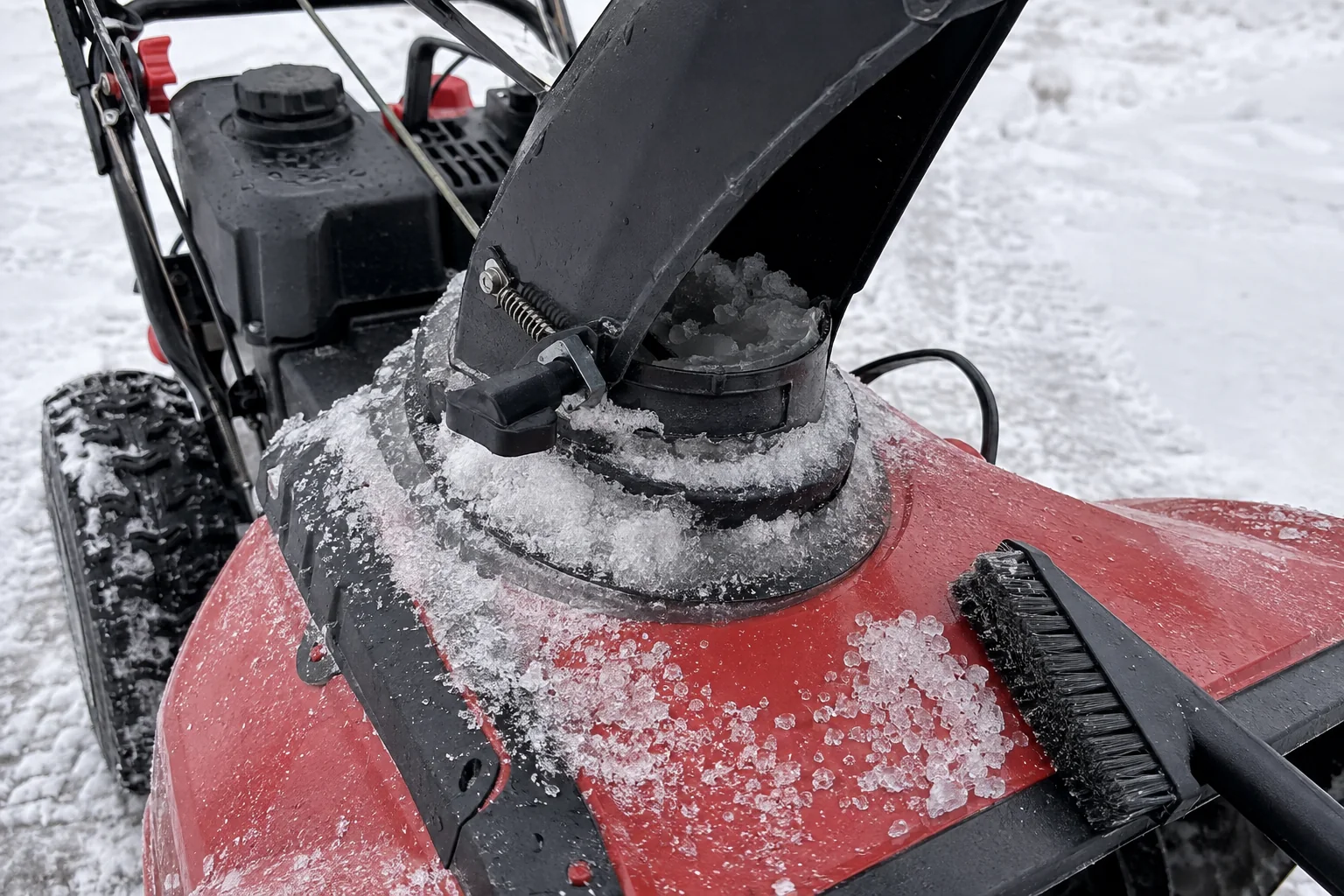 Close view of a red snow blower chute base with packed ice around the rotation joint and a clearing brush nearby.