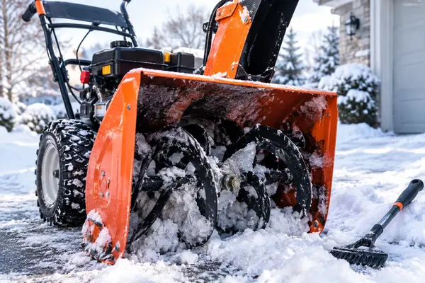 Orange two-stage snow blower with compacted snow in the auger housing during an engine-off weak-discharge inspection.
