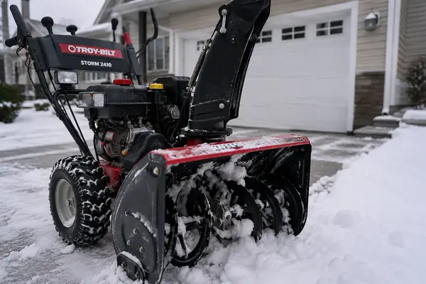 Troy-Bilt Storm 2410 stopped on a snowy driveway with the auger housing visible for a safety-first vibration inspection.