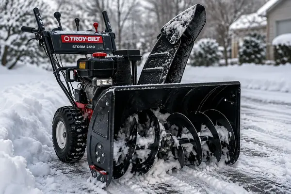 Troy-Bilt Storm 2410 with snow packed around the auger housing during a shutdown inspection for weak or absent discharge.
